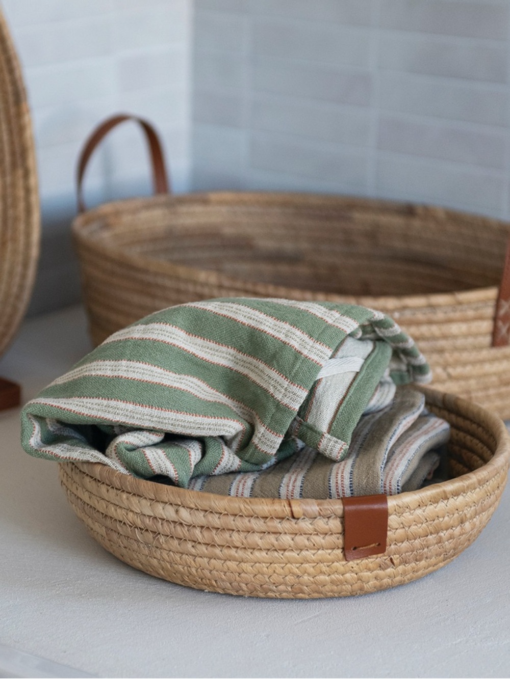 Handwoven Sea Grass & Hyacinth Basket with Faux Leather Tab